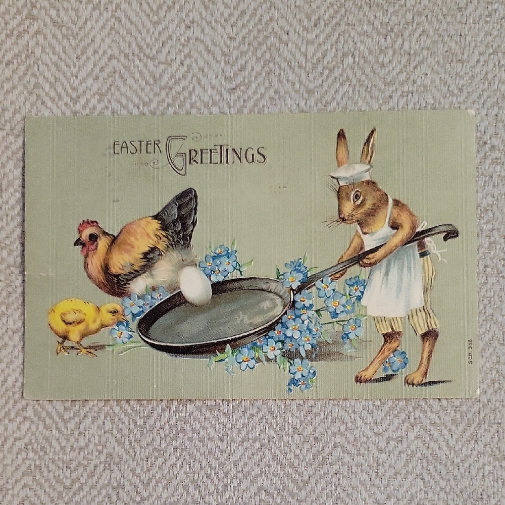 1908 GERMAN Easter Greeting Embossed Post Card with Bizarre Rabbit and Chickens